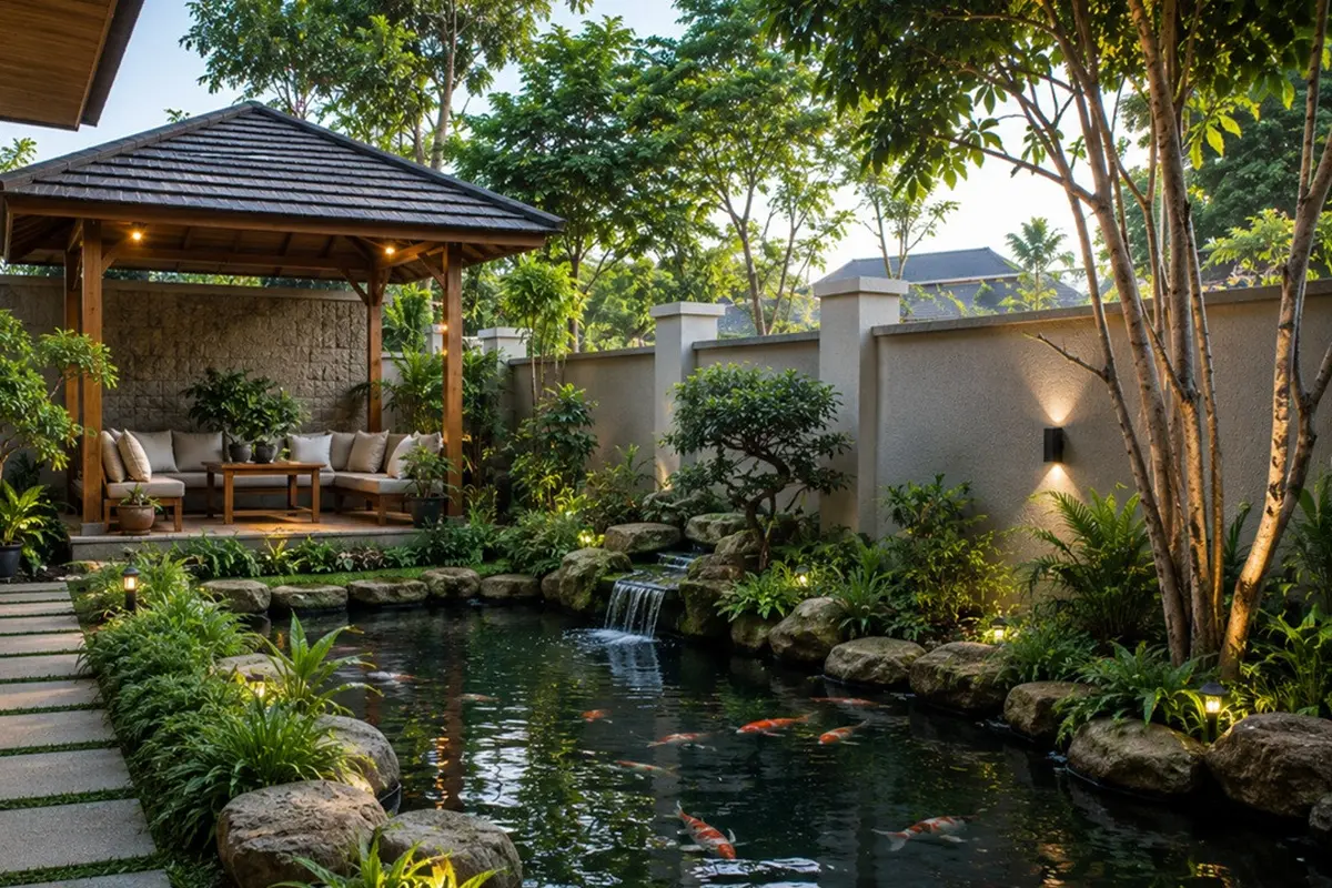 Desain Sudut Rumah yang Menggabungkan Kolam Ikan, Taman, dan Gazebo Kecil