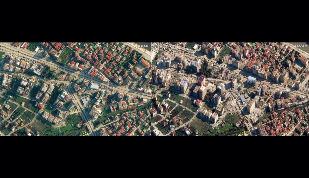 Kombinasi gambar yang dibuat dari citra satelit handout milik Maxar Technologies yang menunjukkan gambaran umum Antakya (foto kiri), Turki pada 22 Desember 2022, sebelum gempa bumi melanda wilayah tersebut pada 6 Februari 2023 dan gambar yang menunjukkan gedung-gedung yang runtuh di Antakya (foto kanan), Turki pada 8 Februari 2023, setelah gempa bumi berkekuatan 7,8 SR yang melanda wilayah tersebut. Tim penyelamat terus berupaya menyelamatkan para penyintas yang terperangkap di bawah puing-puing dalam cuaca yang sangat dingin. (AFP/CITRA SATELIT ©2023 MAXAR TECHNOLOGIES)