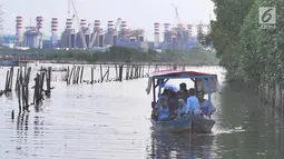 Perahu wisatawan melewati hutan mangrove di Sungai Rindu, Desa Hurip Jaya, Babelan, Bekasi, Jumat (7/6/2019). Dengan membayar perahu Rp 10 ribu per orang, wisatawan sudah bisa berkeliling sambil menikmati kopi dalam hutan mangrove. (merdeka.com/Arie Basuki)