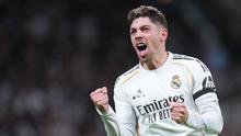 Selebrasi Federico Valverde dalam laga Real Madrid vs Elche di Liga Spanyol, Minggu (15/3/2026). (AP Photo/Manu Fernandez)