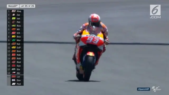 Pebalap Repsol Honda, Marc Marquez, memenangi balapan MotoGP Spanyol 2018 yang diwarnai drama kecelakaan Andrea Dovizioso, Jorge Lorenzo, dan Dani Pedrosa di Sirkuit Jerez, Minggu (6/5).