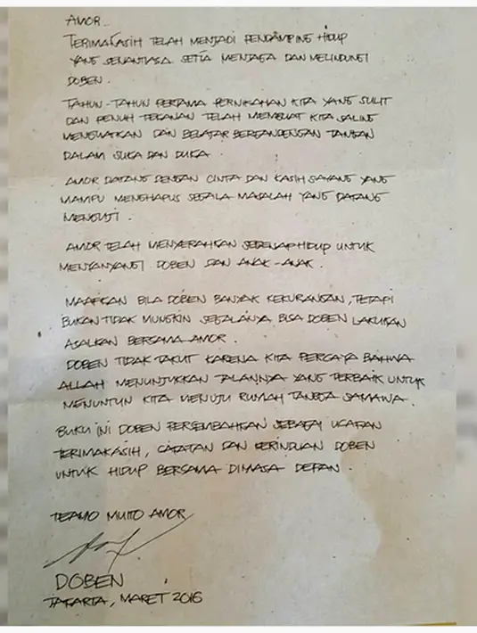 Surat yang di tulis KD buat suaminya yang setia mendampinginya. (Instagram/@raullemos06)