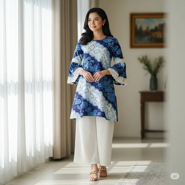 Tunik Batik Lengan Terompet dengan Renda