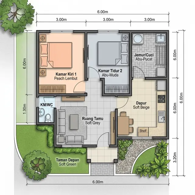 Contoh Rumah Kampung Kekinian 6x6 2 Kamar dengan Dapur Terbuka. Gemini