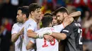 Para pemain Spanyol merayakan kemenangan atas Swiss pada pertandingan sepak bola UEFA Nations League di Stadion Stade de Geneve, Jenewa, Swiss, 9 Juni 2022. Spanyol menang 1-0. (Jean-Christophe Bott/Keystone via AP)