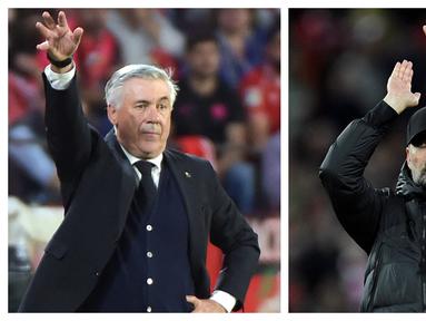 Dua pelatih yang akan berlaga di final Liga Champions musim 2021/2022, Carlo Ancelotti dan Jurgen Klopp termasuk dalam daftar 5 pelatih dengan penampilan terbanyak di laga final Liga Champions (Piala Champions Eropa) sepanjang sejarah. Berikut daftar lengkapnya. (Kolase Foto AFP)