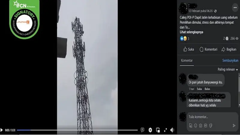 Video yang diklaim seorang caleg di Jatim stres dan nekat melompat dari tower pemancar sinyal. (sumber: Facebook)