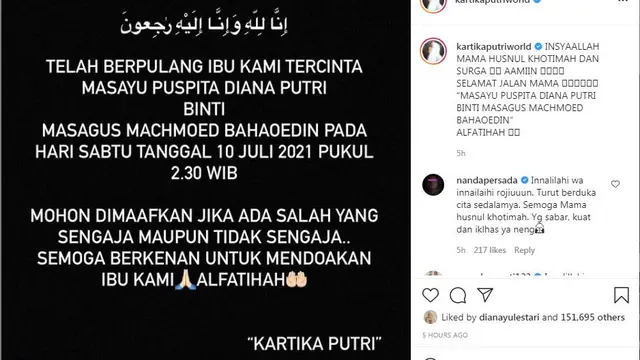 Ibunda Kartika Putri meninggal dunia