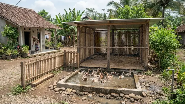 Model kandang bebek dengan area air mini yang bikin sehat dan produktif bertelur desain semi terbuka dengan beton