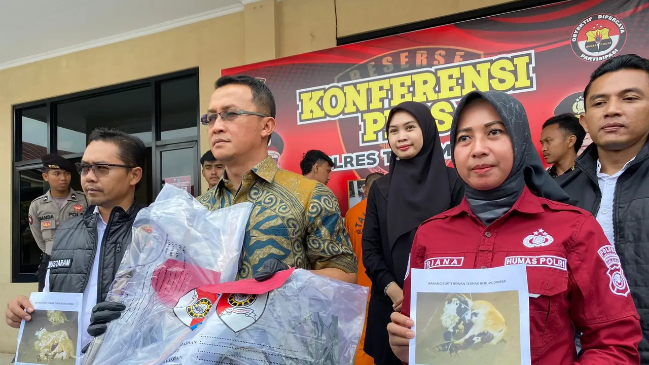 Anggota Satreskrim Polres Tasikmalaya, menunjukan barang bukti kasus pencurian spesialis hewan ternak di Desa Cikeusal, Kecamatan Tanjungjaya. (Liputan6.com/Jayadi Supriadin)