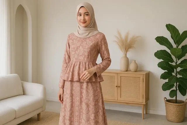 7. Gamis Batik Peplum di Pinggang