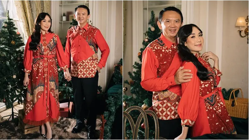 6 Potret Gaya Ahok dan Puput Nastiti di Perayaan Natal 2023, Berbatik Nuansa Merah