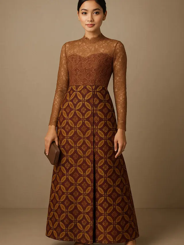 7 Model Long Dress Batik Kombinasi Brokat Lengan Panjang, Anggun dan Elegan di 2025