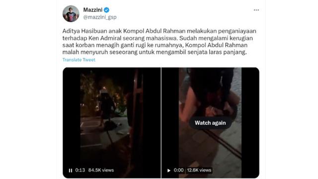 Viral di Twitter Sebuah Video Penganiayaan yang Diduga Dilakukan Aditya Hasibuan, Anak Seorang Komisaris Polisi. Aditya Hasibuan Aniaya Ken Admiral (Tangkapan Layar Akun @Mazzini_gsp)