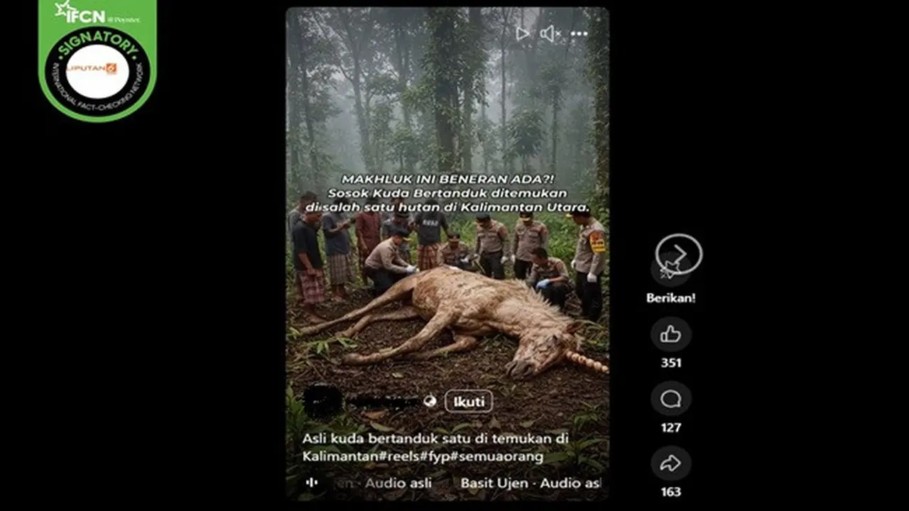 Gambar tangkapan layar video yang diklaim penemuan seekor kuda bertanduk satu di hutan Kalimantan Utara. (sumber: Facebook)