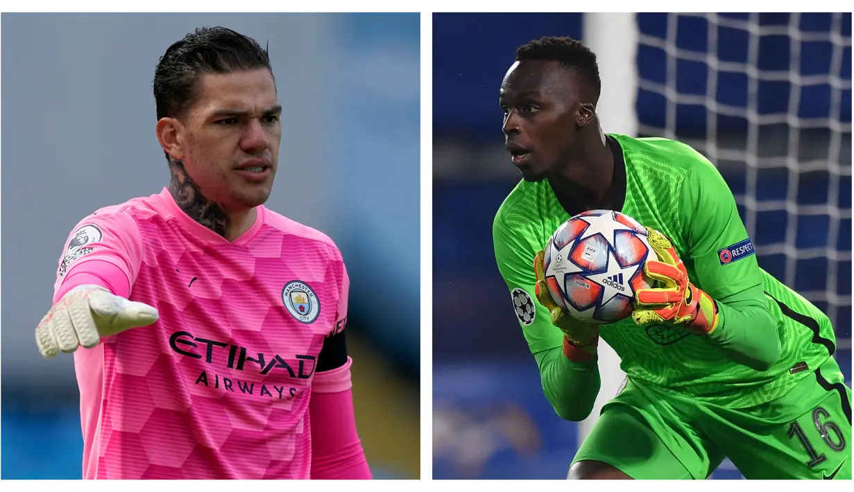 Partai final Liga Champions yang mempertemukan Manchester City melawan Chelsea yang akan berlangsung 30 Mei 2021 nanti mempertemukan dua kiper tangguh di bawah mistar. Ederson di kubu The Citizens dan Edouard Mendy di kubu The Blues. Berikut komparasi keduanya. (Kolase Foto AFP)