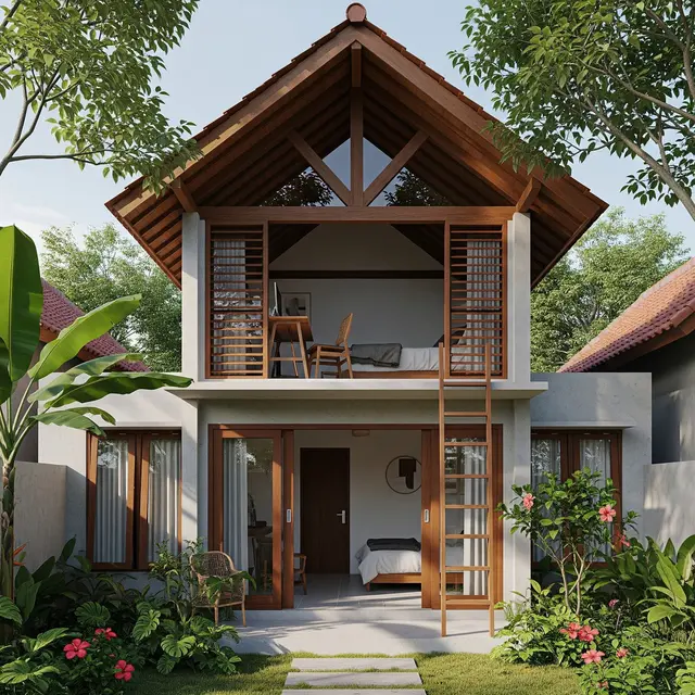 Rumah di desa 5x6 meter Gaya Tropis Modern dengan Mezanin (Gemini AI)