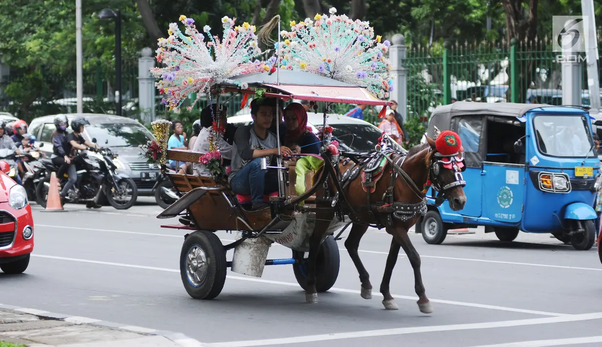 Delman hias membawa penumpang di Jalan Medan Merdeka Selatan, Jakarta, Selasa (26/12). Pemerintah Provinsi DKI Jakarta berencana menyusun aturan soal dibolehkannya delman beroperasi di sekitar Monas. (Liputan6.com/Helmi Fithriansyah)
