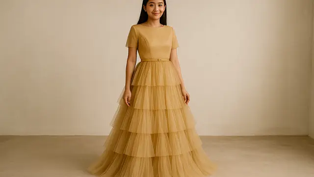 Model Dress Panjang Warna Gold 2025/ Ilustrasi gambar oleh AI