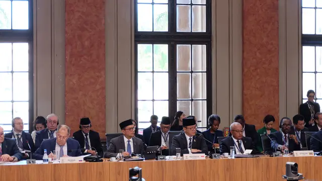 Menteri Luar Negeri RI Sugiono dalam Pertemuan Menteri Luar Negeri BRICS (Foreign Ministers’ Meeting/FMM) di Rio de Janeiro, Brasil, Senin (28/4/2025). (Liputan6.com/Benedikta Miranti)