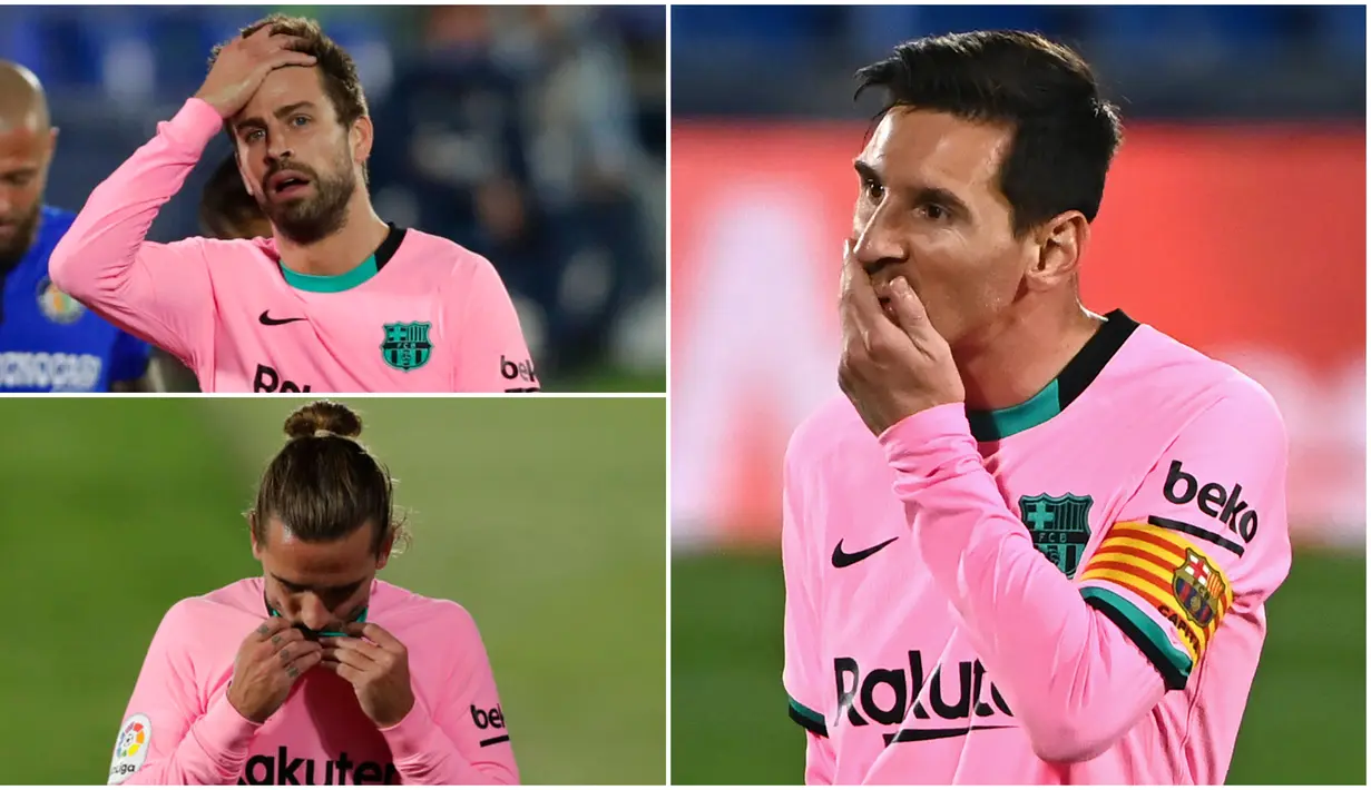 Para pemain Barcelona tak mampu menutupi kekecewaan usai dipaksa menelan kekalahan perdana di Liga Spanyol musim ini. Getafe sukses membuat Lionel Messi dkk tertunduk lesu.
