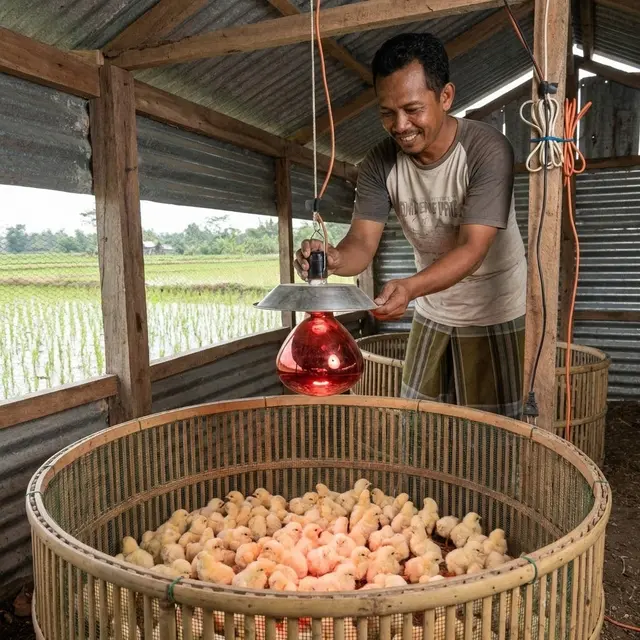 Kandang ayam dengan pemanas inframerah berdaya 150-250 Watt (Gemini AI)