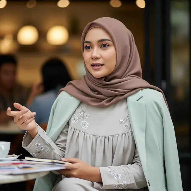 Gamis Motif Bunga Soft dengan Blazer Tipis
