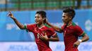 Ekspresi Evan Dimas Darmono (6) setelah mencetak gol kedua ke gawang Filipina U-23 dalam penyisihan Grup A Sepakbola SEA Games 2015 di Stadion Jalan Besar, Singapura. Selasa (9/6). (Bola.com/Arief Bagus)