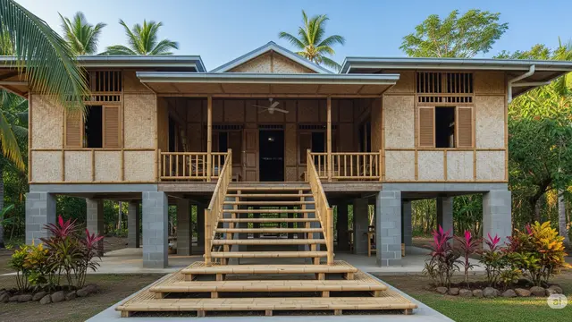Rumah Bambu dan Batako Gaya Tropis dengan Teras Luas (Gemini AI)