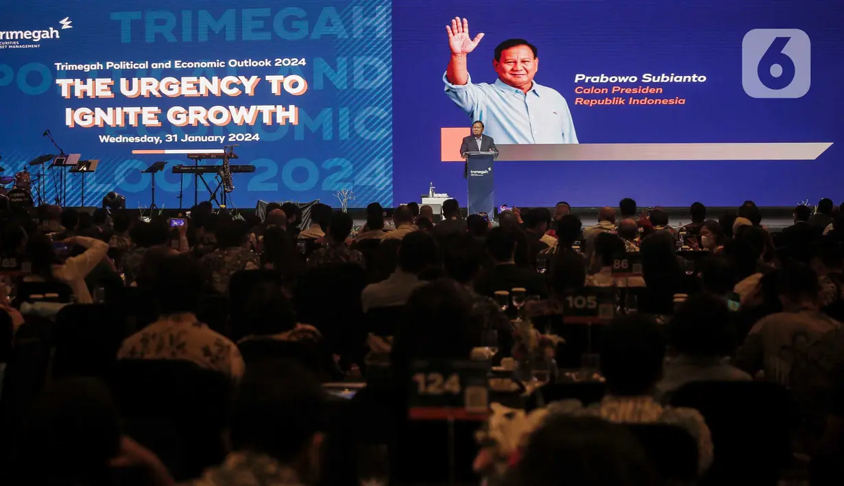 Calon Presiden (Capres) nomor urut 2, Prabowo Subianto memberikan paparan dalam acara Trimegah Political and Economic Outlook 2024 di Jakarta, Rabu, (31/1/2024). (Liputan6.com/Angga Yuniar)