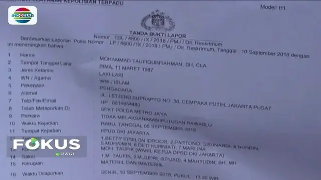 Tak lolos bacaleg, M. Taufik polisikan tujuh komisioner KPUD DKI Jakarta karena alasan mantan narapidana korupsi tidak boleh jadi calon legislatif.