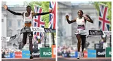 Foto kolase pelari Kenya, Sabastian Sawe (kiri) dan pelari Etiopia, Tigist Assefa saat melalui garis finis dalam ajang London Marathon 2025 di London, Inggris, Sabtu (27/04/2025) waktu setempat. (AFP/Justin Tallis)