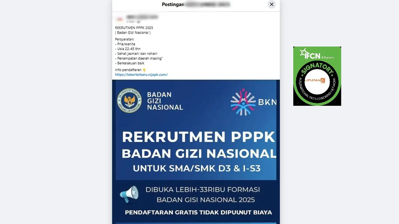 Tangkapan layar di Facebook klaim link pendaftaran rekrutmen PPPK Badan Gizi Nasional (BGN).