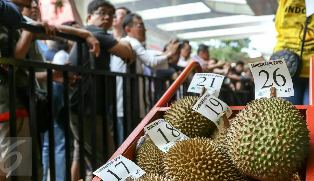 Berbagai durian lokal unggulan dihadirkan pada acara Durian Fair 2016 di Blok M Square, Jakarta, Sabtu (27/2). Dalam acara ini, pengunjung bisa menemukan sekitar 20 jenis durian unggul dari berbagai daerah di Jateng dan Jabar. (Liputan6.com/Yoppy Renato)