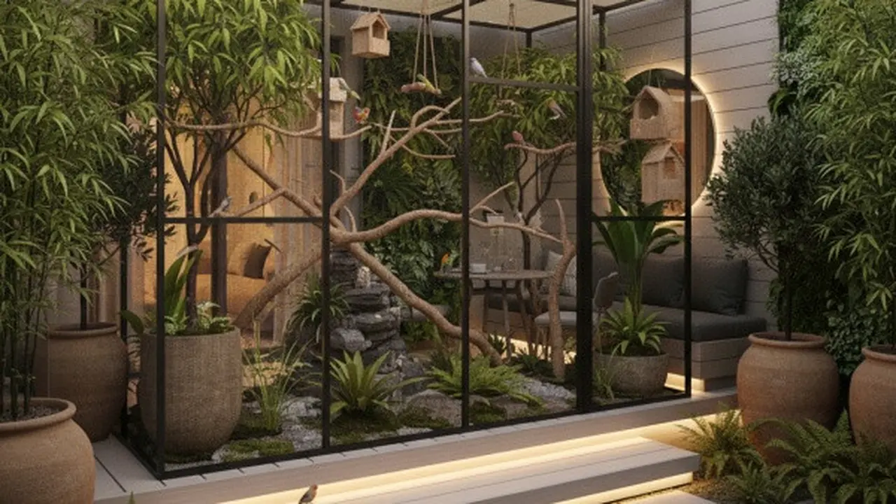 Ilustrasi Aviary Burung Kecil di Teras Rumah  (Sumber: Gemini AI)
