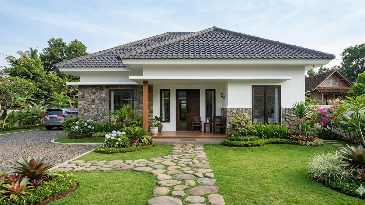 7 Contoh Rumah Desa dengan Kombinasi Batu Alam dan Atap Limas Modern, Sejuk Dipandang dan Nyaman Ditinggali