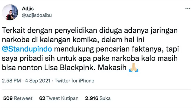 Tanggapan Adjis Doaibu Soal Dugaan Jaringan Narkoba di Kalangan Komika
