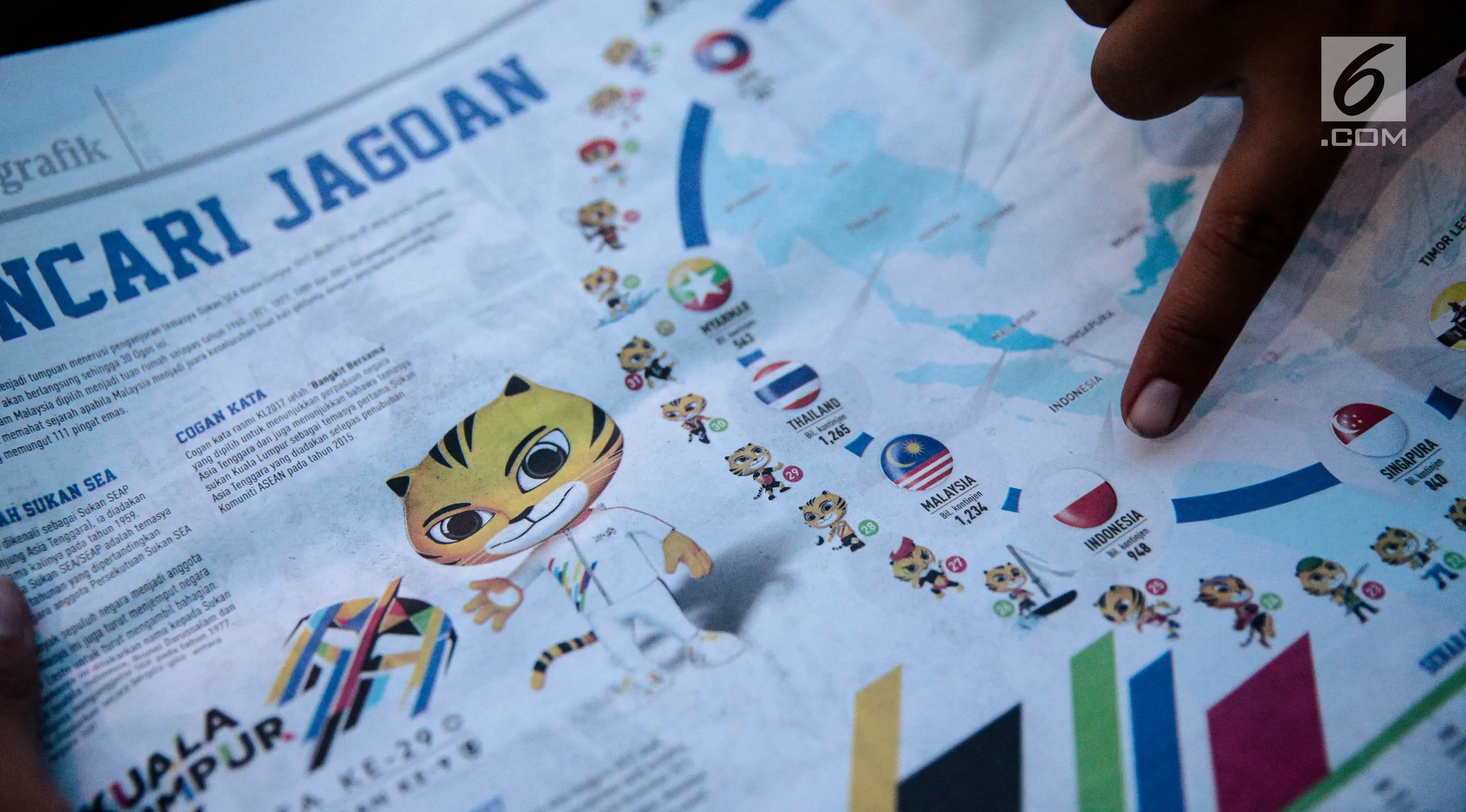 Surat kabar Malaysia, Metro Ahad, menampilkan infografis terkait 11 negara peserta SEA Games 2017 di Kuala Lumpur, Minggu (20/8). Bendera Indonesia pada artikel tersebut tampak terbalik, menyerupai bendera Polandia. (Liputan6.com/Faizal Fanani)