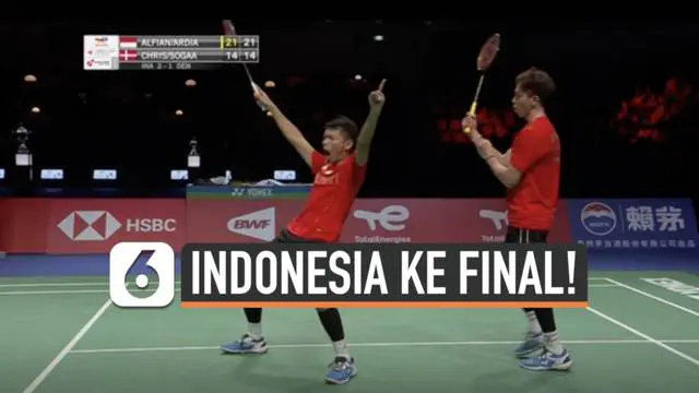 Tim Indonesia sukses melaju ke babak final badminton Piala Thomas usai kalahkan tim Denmark Sabtu (16/10) malam di Ceres Arena. Indonesia tumbangkan Denmark dengan skor 3-1.