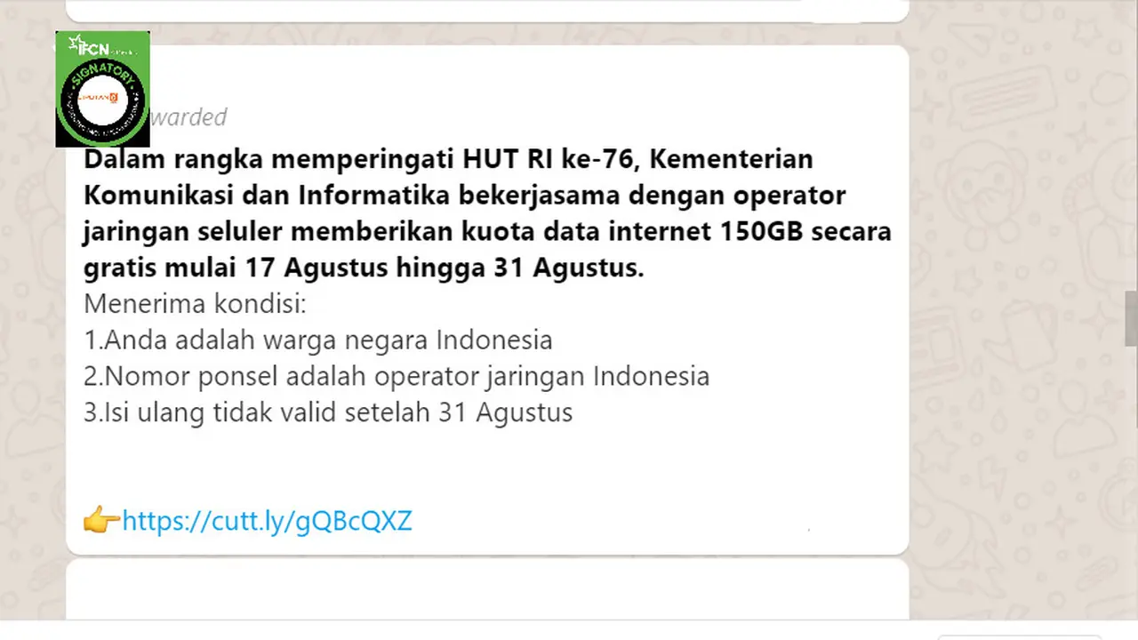 Cek Fakta Liputan6.com menelusuri informasi Kominfo bagikan kuota intenet 150 GB mulai 17-31 Agustus