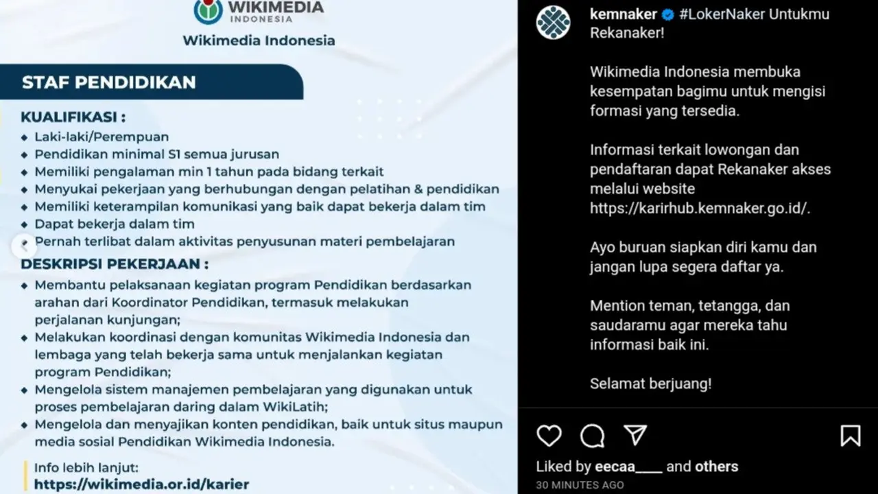 Wikimedia Indonesia yang merupakan organisasi nirlaba dan mitra lokal dari Yayasan Wikimedia (Wikimedia Foundation), bekerjasama dengan Kementerian Ketenagakerjaan (Kemnaker) membuka peluang menarik bagi Anda para lulusan S1 semua jurusan.