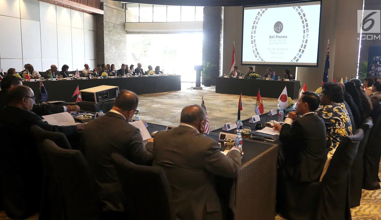 Suasana Process Business Forum 2018 yang dihadiri para pebisnis dari beberapa negara termasuk Indonesia membahas upaya pengentasan perdagangan orang, perbudakan modern beserta sejumlah isu turunannya di Bali, Senin (6/8). (Liputan6.com/Johan Tallo)