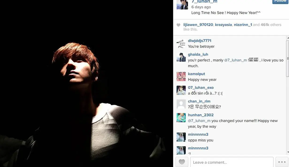 Di tahun 2015, Luhan memberi   ucapan tahun baru untuk semua   penggemarnya melalui akun   Instagramnya. Beserta ucapan   itu, Luhan juga mengunggah   sebuah selca terbarunya.   (instagram.com/7_luhan_m)