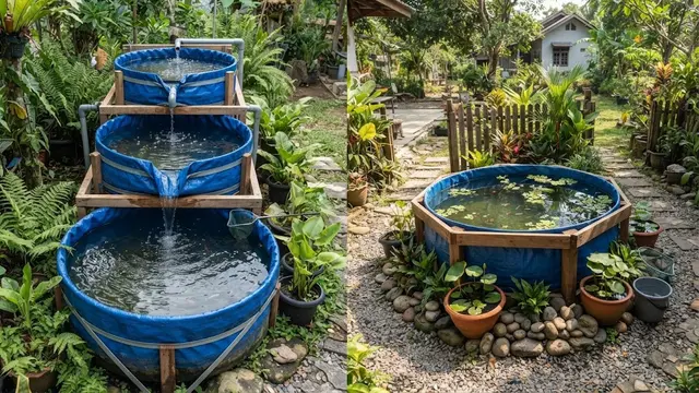 Kolam Terpal Bertingkat dan Kolam Terpal dengan Dekorasi Minimalis