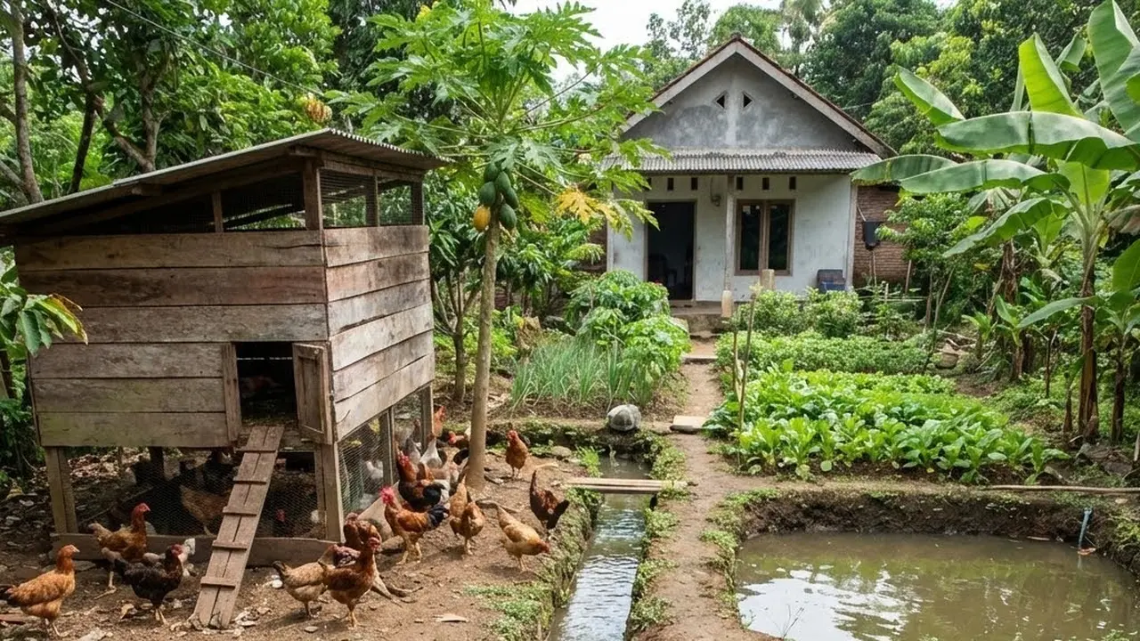 Ilustrasi Kandang Ayam dan Ikan Terpadu di Pekarangan Rumah