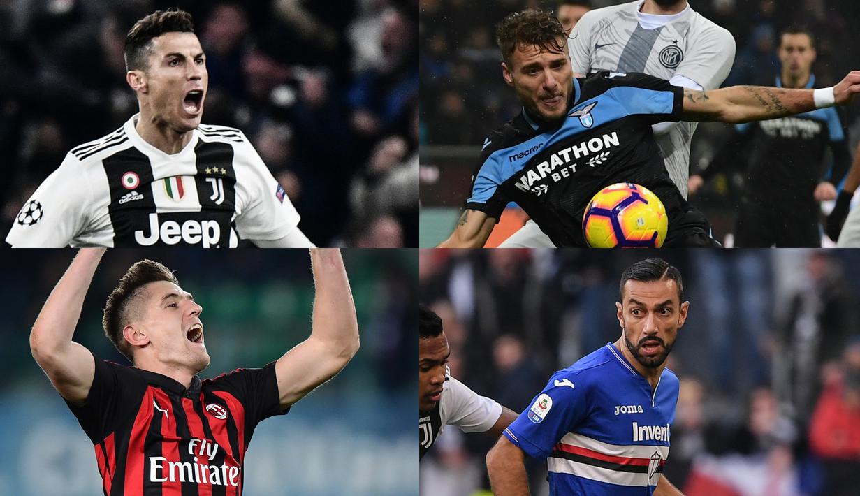 Tambahan satu gol Quagliarella saat melawan Atalanta membuat penyerang gaek Italia tersebut mengkudeta Ronaldo di puncak. Kini Quagliarella mencetak 20 gol selisih satu gol dengan Ronaldo dan Piatek. (Kolase Foto AFP)