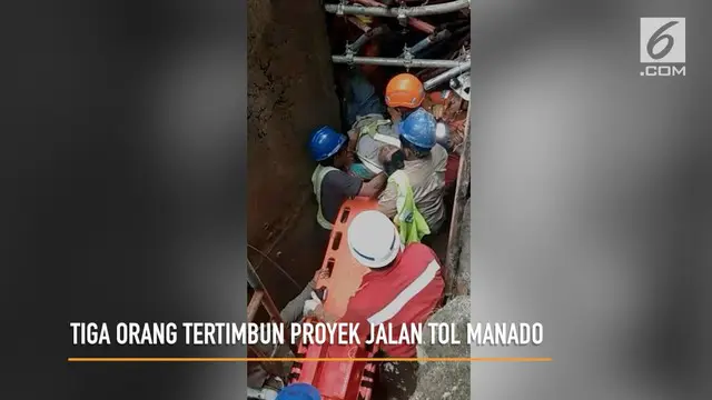 Material proyek pembangunan jalan tol di Minahasa Utara, Sulawesi Utara, runtuh. Tiga pekerja proyek tertimbun reruntuhan material jalan tol.