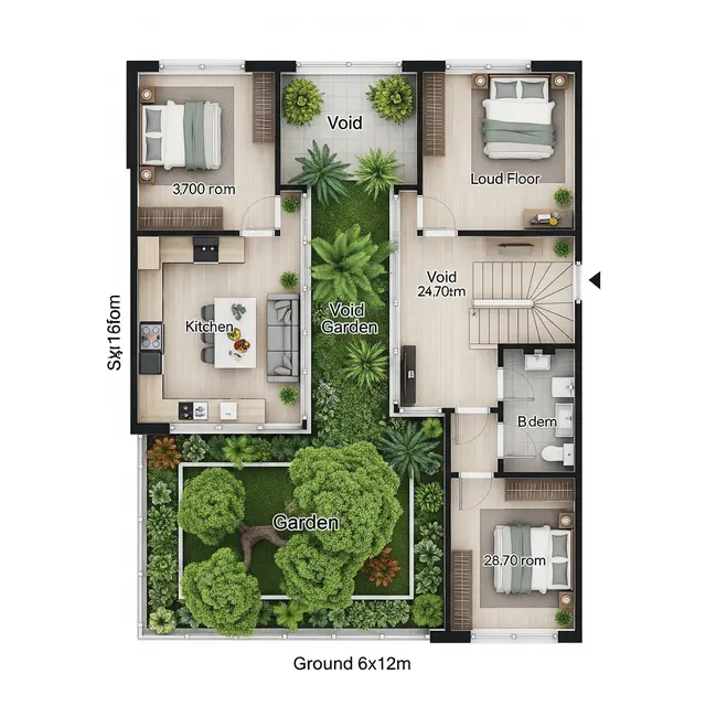 Denah Rumah 6x12 dengan Taman Dalam dan Dapur Terbuka