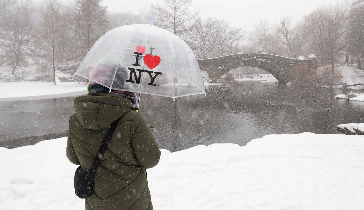 Seseorang memegang payung saat salju turun di Central Park, Kota New York pada Minggu 25 Januari 2026. Badai besar musim dingin menerjang Amerika Serikat (AS) sejak Sabtu 24 Januari 2026. (TIMOTHY A. CLARY/AFP)