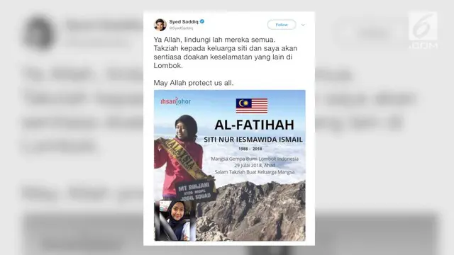 Gempa yang mengguncang Lombok menewaskan seorang remaja asal Malaysia. Menpora Malaysia Syed Saddiq menyampaikan belasungkawanya melalui media sosial.